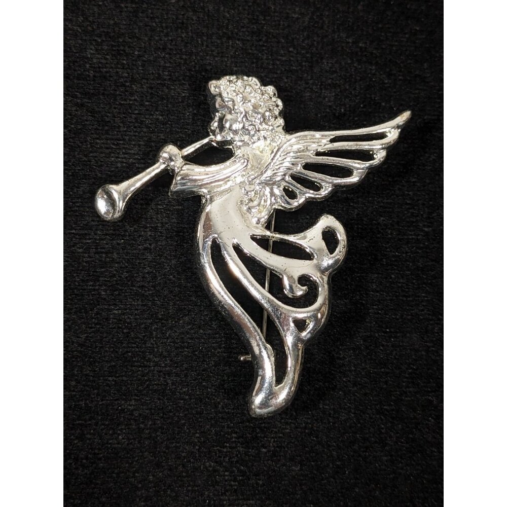 Vintage Signed SFJ Silver‎ Tone Angel Trumpet Open Work Pin Brooch